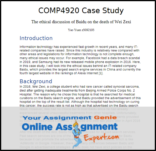 Comp4920 Case Study Assignment Help
